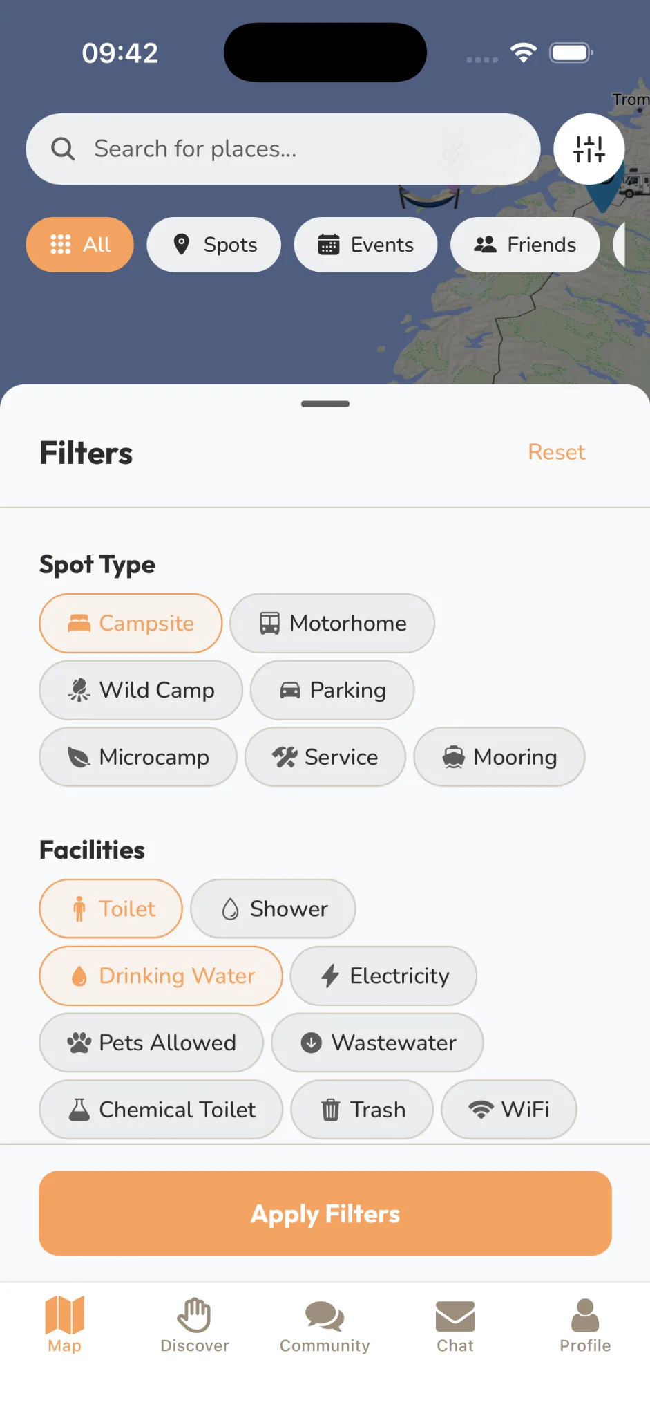 Camping spots map in Vanderlust